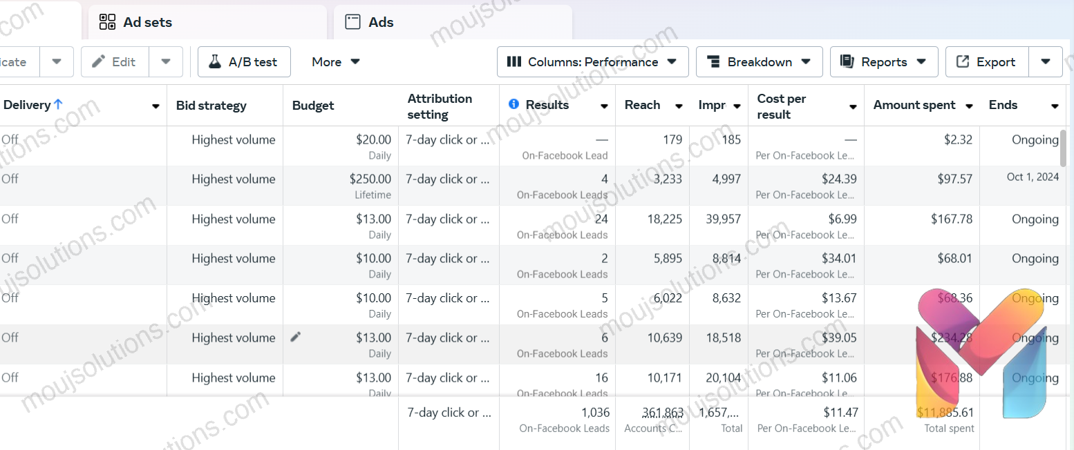 Meta Ads campaign table showing 1,036 On-Facebook leads at an average cost of $11.47 per lead across all campaigns, with $11,885.61 total spent.