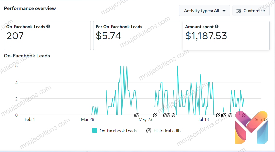 Meta Ads performance overview showing 207 On-Facebook leads at $5.74 per lead with $1,187.53 total spent, February to September.